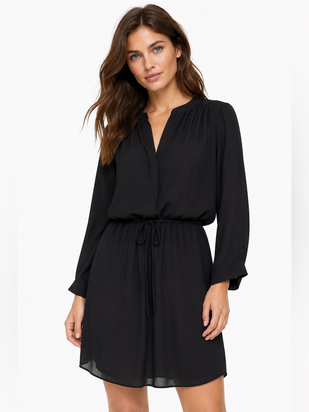 Babaton Black Tie Waist Shift Dress Minimalist Long Sleeve Tunic Dress Size S